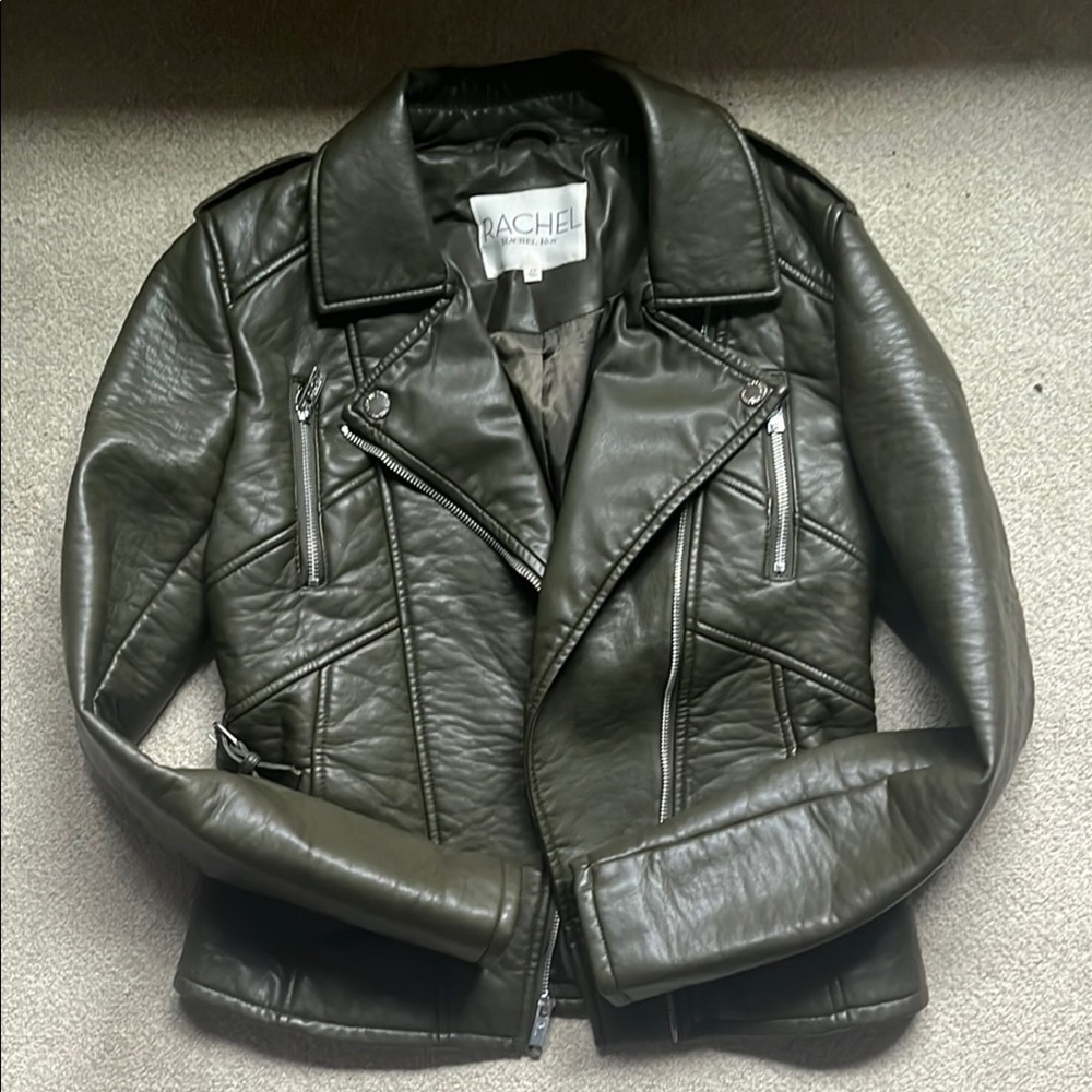 Rachel Olive Green Faux Leather Moto Jacket